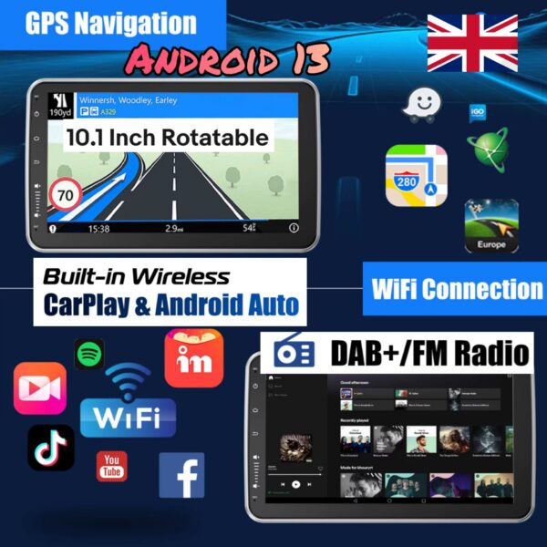 Android 13 10.1 Inch Universal Single Rotatable Car Radio Auto Carplay Multimedia Player GPS Navi Automotive Stereo Bluetooth